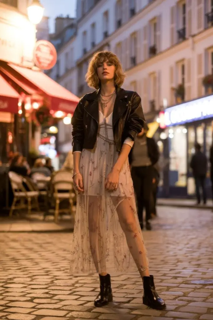 Leather Jacket Over Sheer Floral Midi Dress Leather Jacket Over Sheer Floral Midi Dress — Classy Night Club Outfit