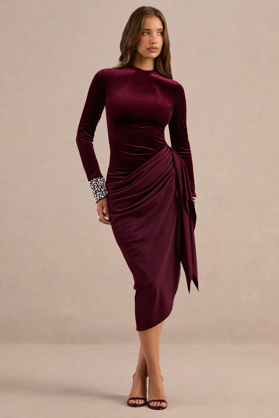 Burgundy Velvet Dress With Embellished Cuffs And Draped Skirt Burgundy Velvet Dress With Embellished Cuffs And Draped Skirt — Classy Night Club Outfit
