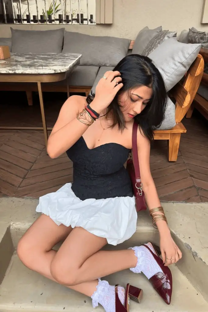 Black Lace Top With White Bubble Skirt Black Lace Top With White Bubble Skirt — Classy Night Club Outfit