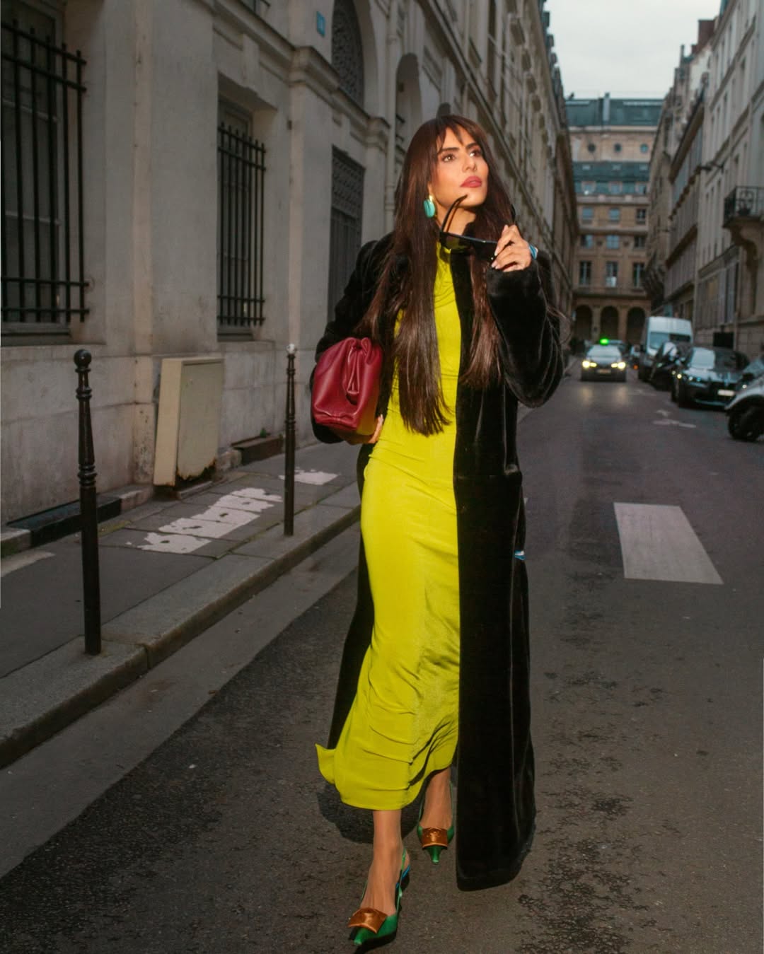 Lime Green Ruched Maxi Dress Under Black Velvet Coat Lime Green Ruched Maxi Dress Under Black Velvet Coat — Classy Night Club Outfit