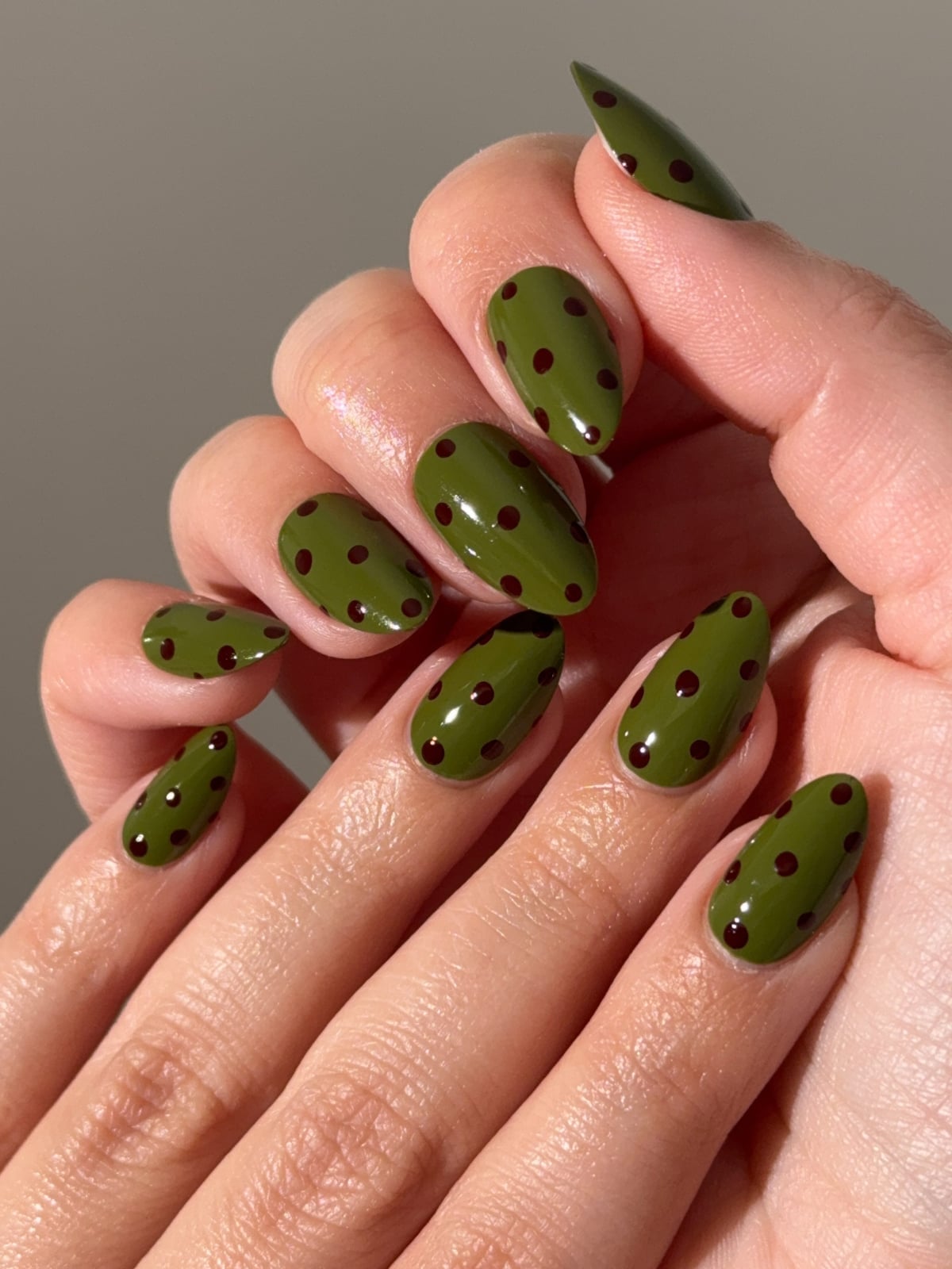 Glossy Olive Green With Red Dots Glossy Olive Green With Red Dots — Classy Olive Green Nails
