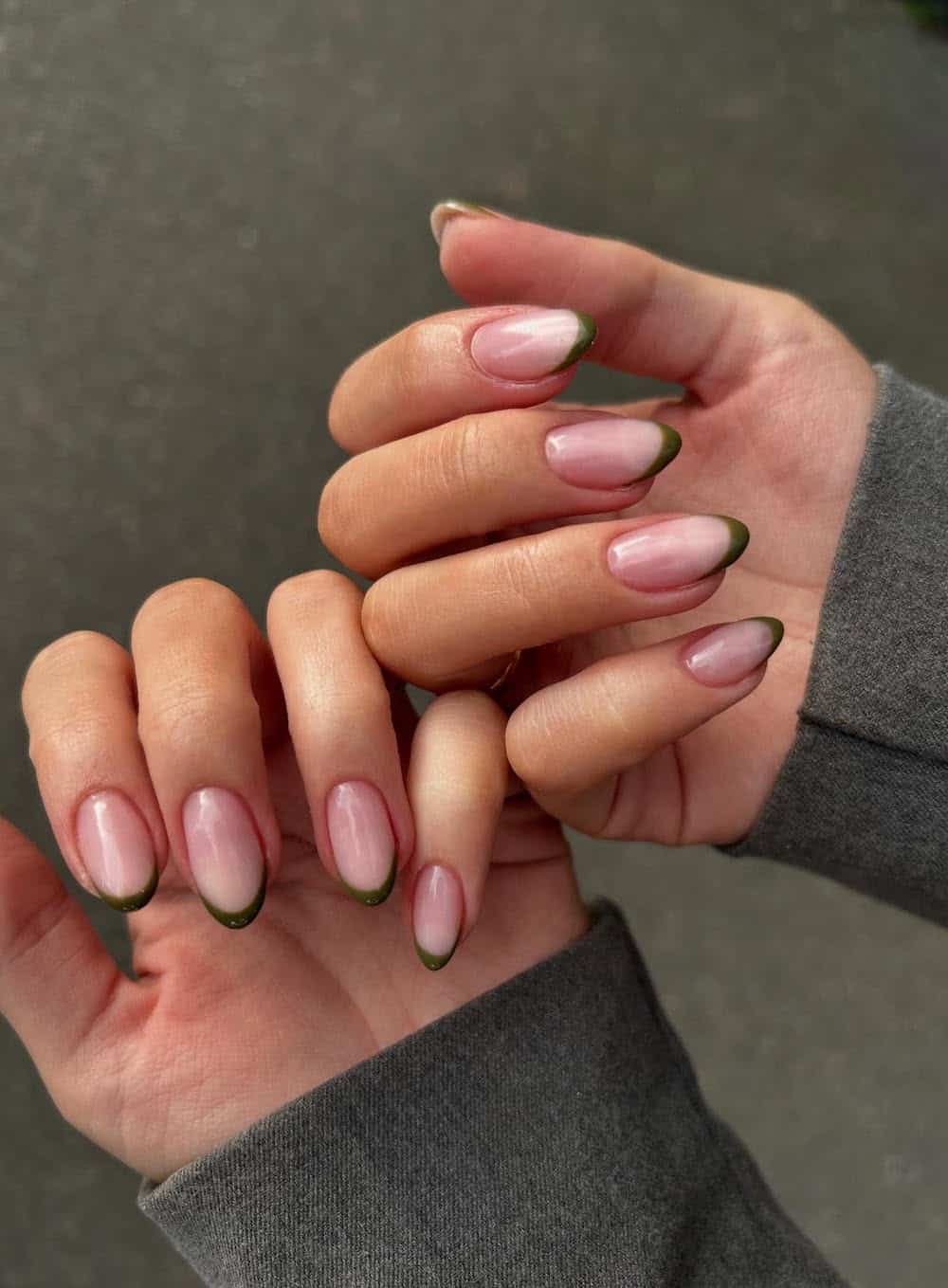 Sheer Nude With Olive Green French Tips Sheer Nude With Olive Green French Tips — Classy Olive Green Nails