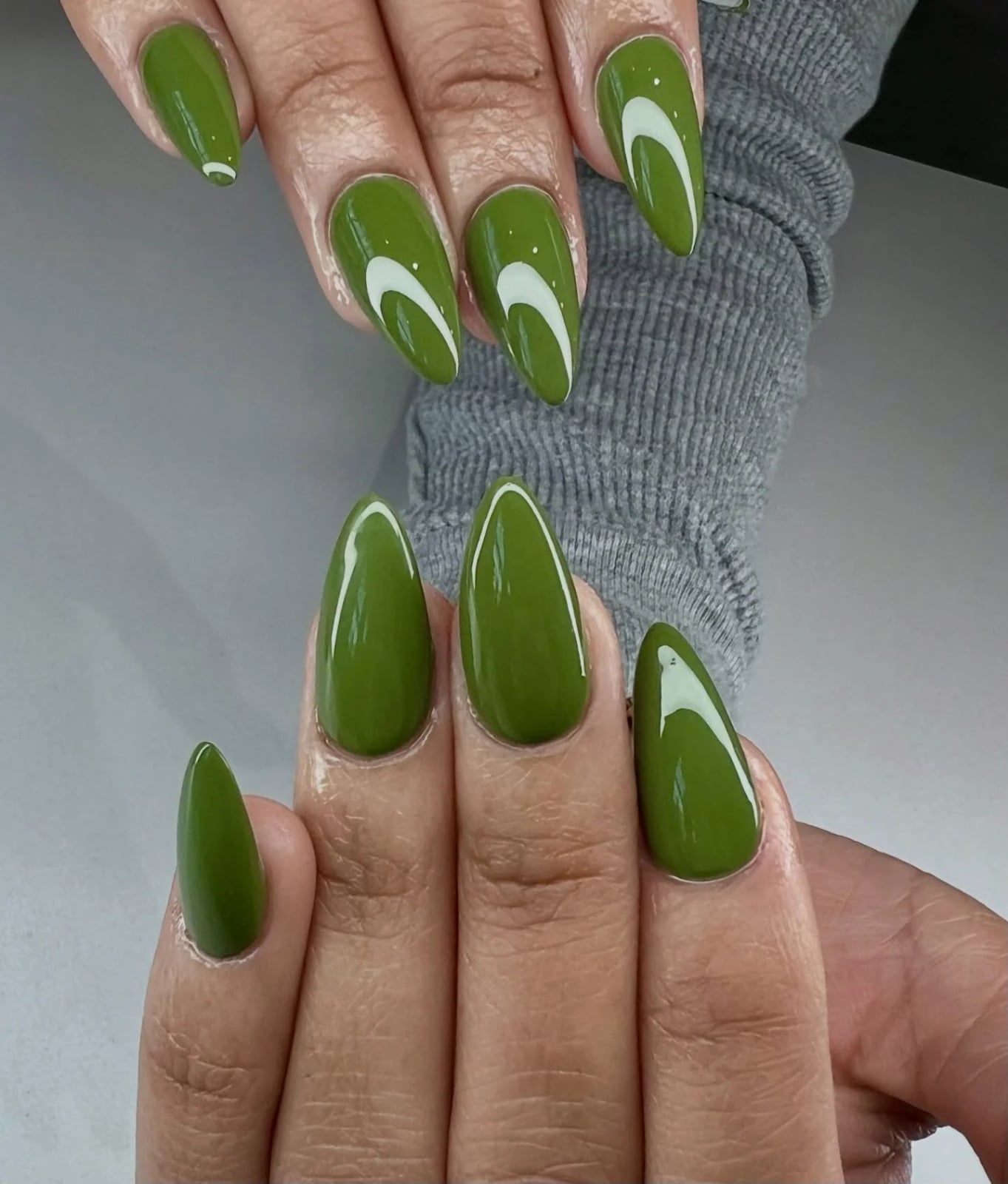 Glossy Olive Green With White Crescent Moon Glossy Olive Green With White Crescent Moon — Classy Olive Green Nails