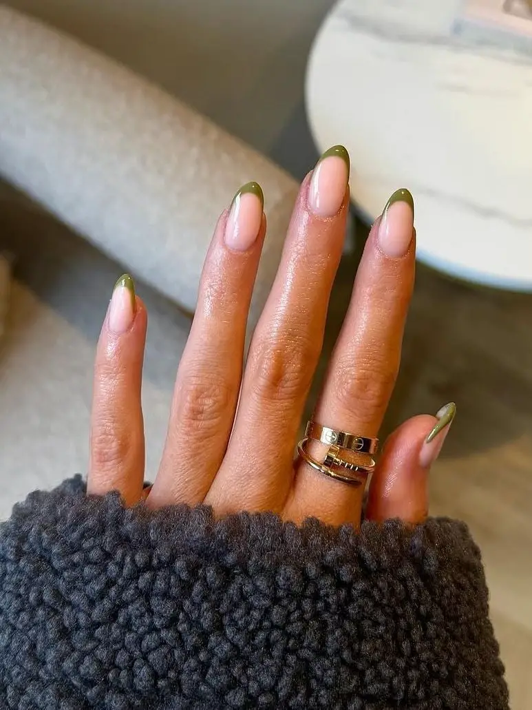 Sheer Nude With Sharp Olive Green French Tips and Medium Almond Sheer Nude With Sharp Olive Green French Tips and Medium Almond — Classy Olive Green Nails