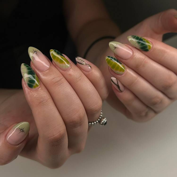 Pale Pink With Green Yellow Marbling Pale Pink With Green Yellow Marbling — Classy Olive Green Nails