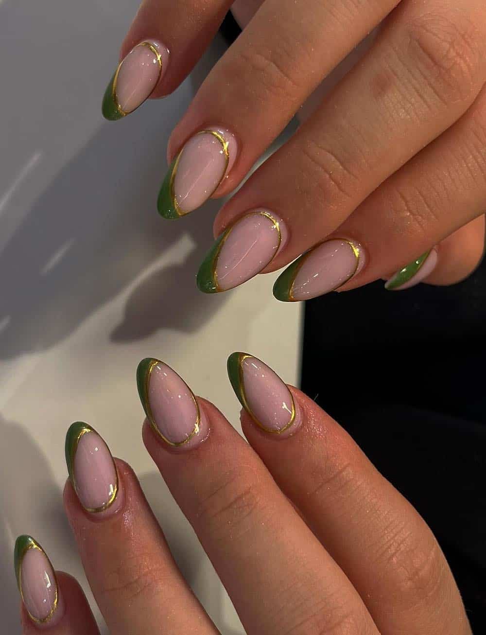 Olive Green French With Gold Outline Olive Green French With Gold Outline — Classy Olive Green Nails