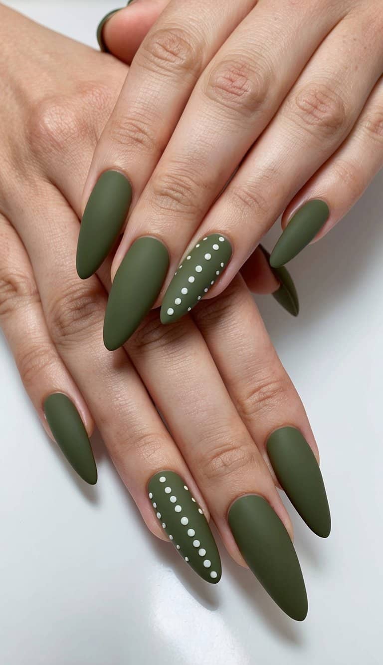 Matte Olive Green With White Polka Dots Matte Olive Green With White Polka Dots — Classy Olive Green Nails