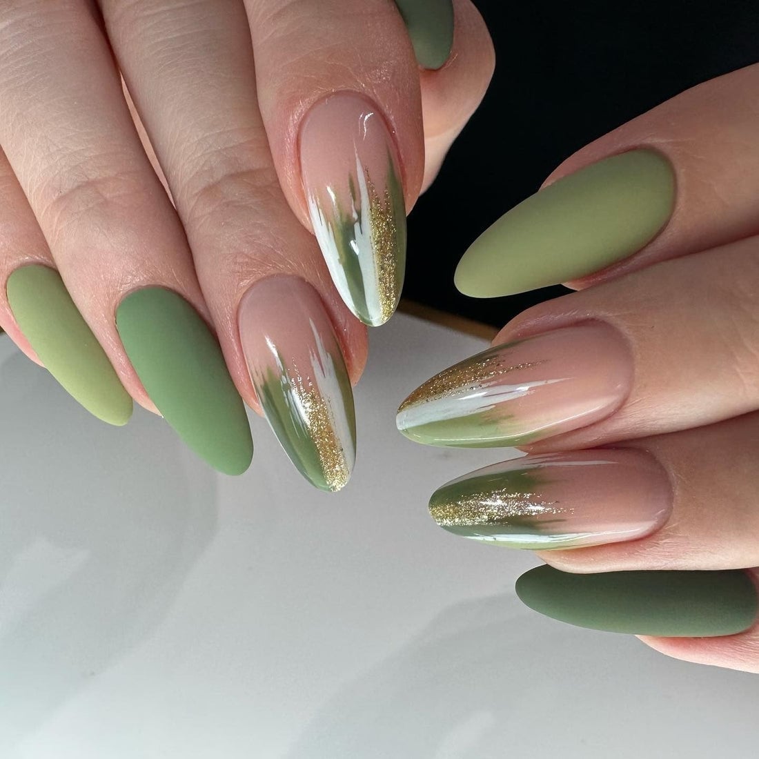 Deep Olive Green With Single Gold Accent Deep Olive Green With Single Gold Accent — Classy Olive Green Nails