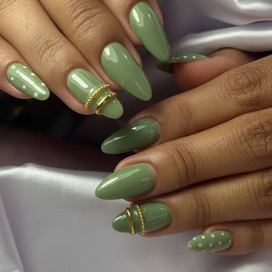 Olive Green With White Polka Dots And Gold Rings Olive Green With White Polka Dots And Gold Rings — Classy Olive Green Nails