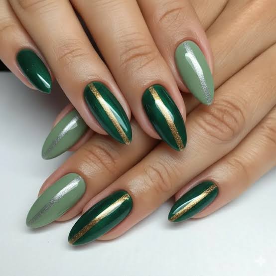 Green Mix With Gold Stripe And Silver Shimmer Green Mix With Gold Stripe And Silver Shimmer — Classy Olive Green Nails