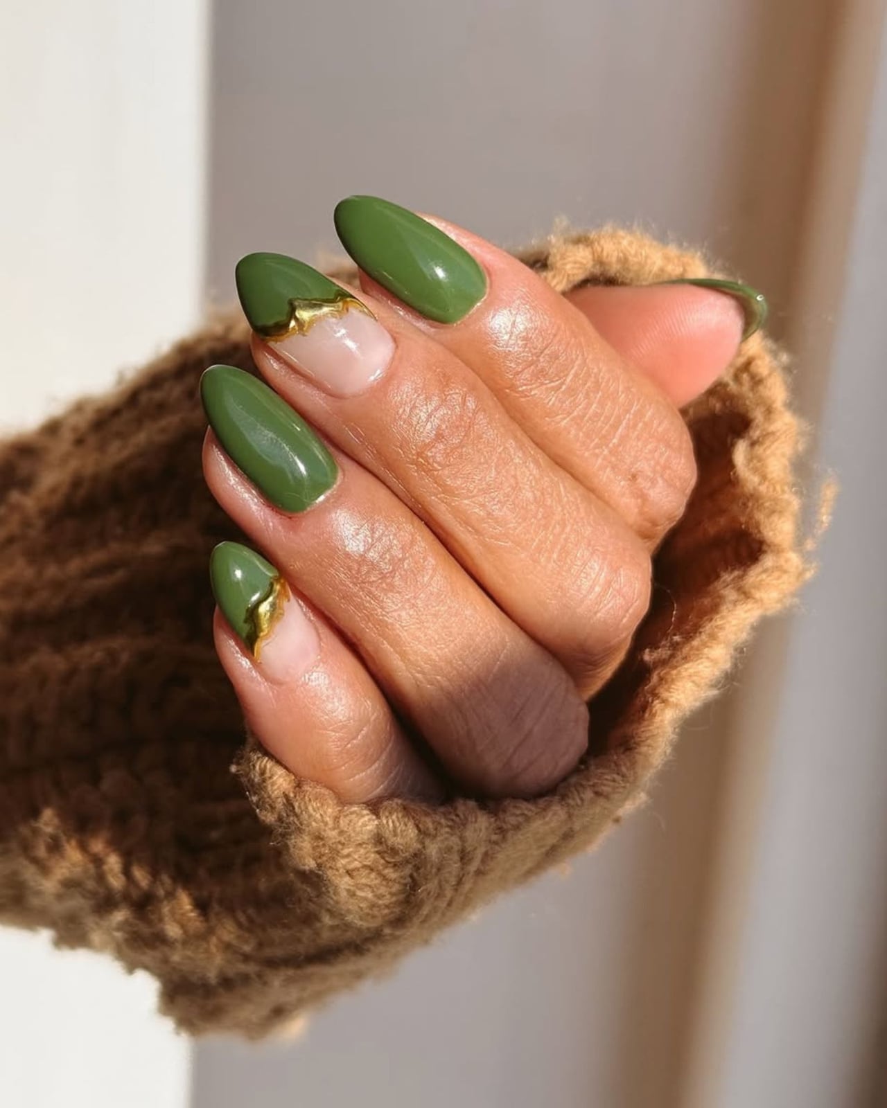 Sheer Nude With Olive Tips And Gold Foil Sheer Nude With Olive Tips And Gold Foil — Classy Olive Green Nails