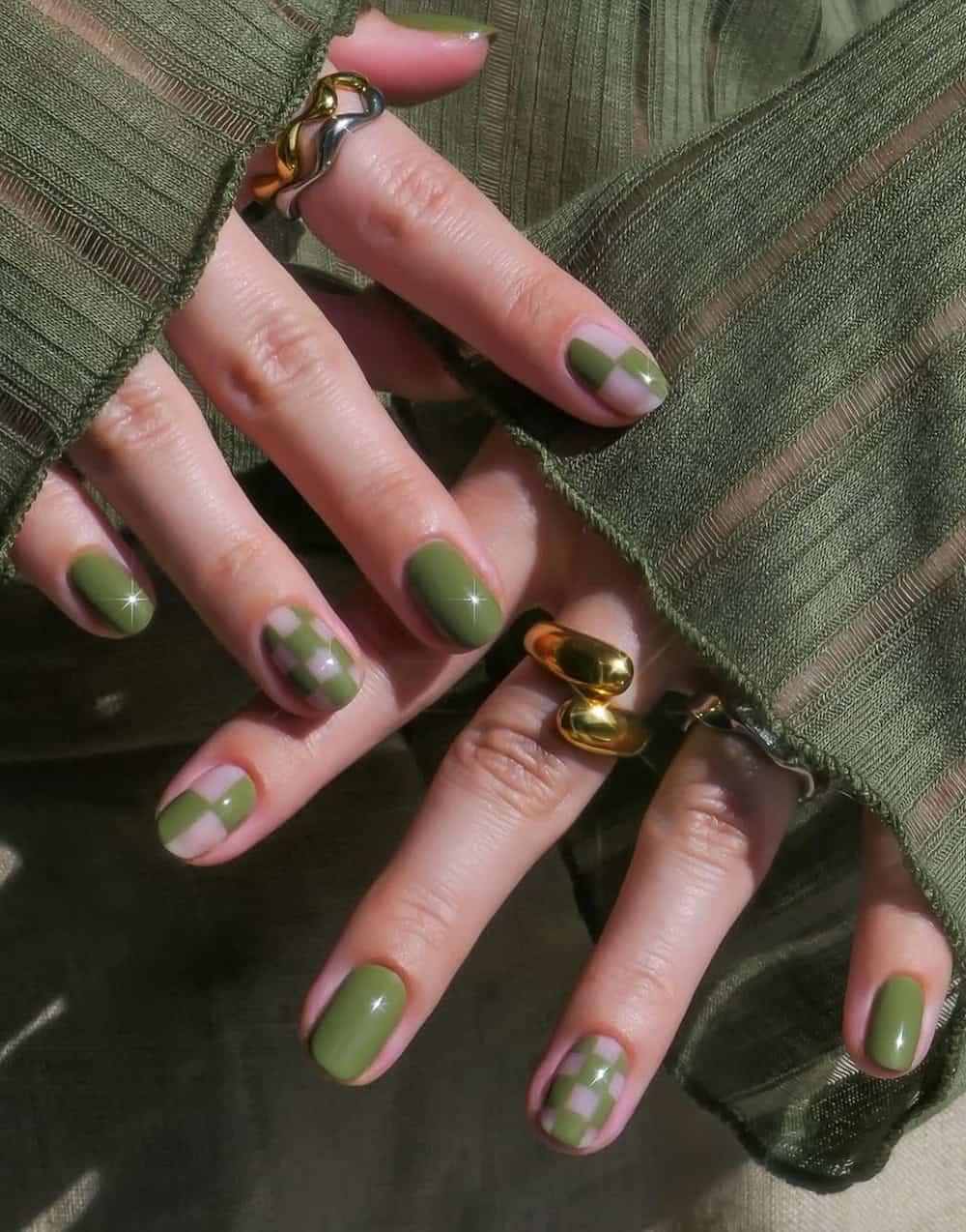 Olive Green Checkerboard Square Nails Olive Green Checkerboard Square Nails — Classy Olive Green Nails