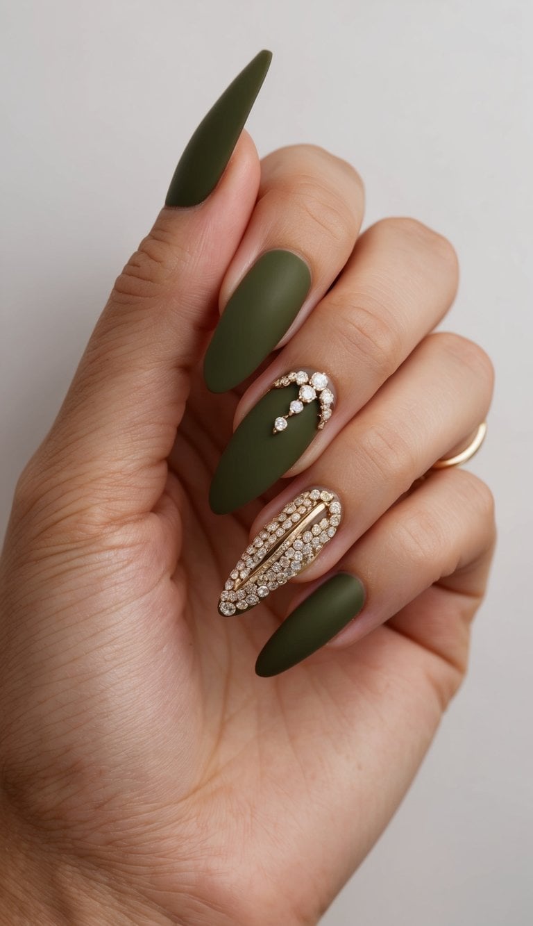 Matte Olive Green With Gold Rhinestone Decor Matte Olive Green With Gold Rhinestone Decor — Classy Olive Green Nails