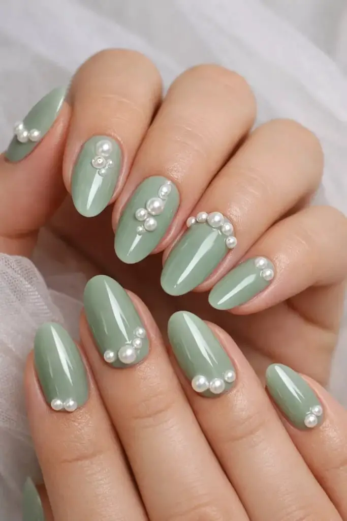Sage Green With Pearl Embellishments Sage Green With Pearl Embellishments — Classy Olive Green Nails