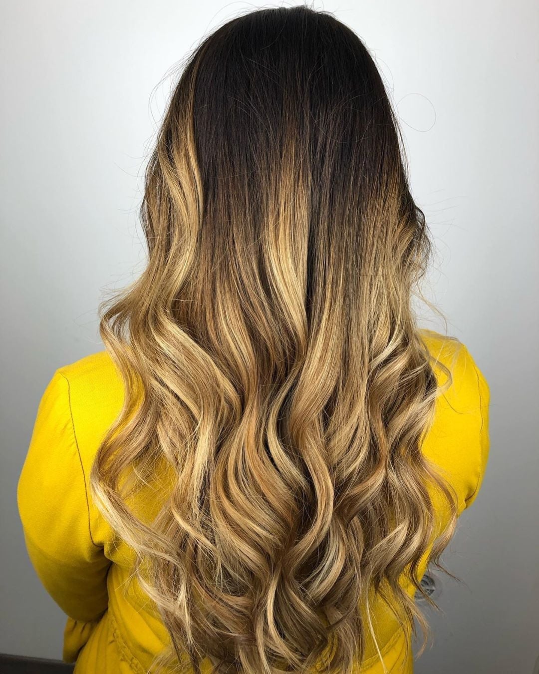 Back View Dark Brown To Caramel Ombre Waves — Classy Ombre Hair