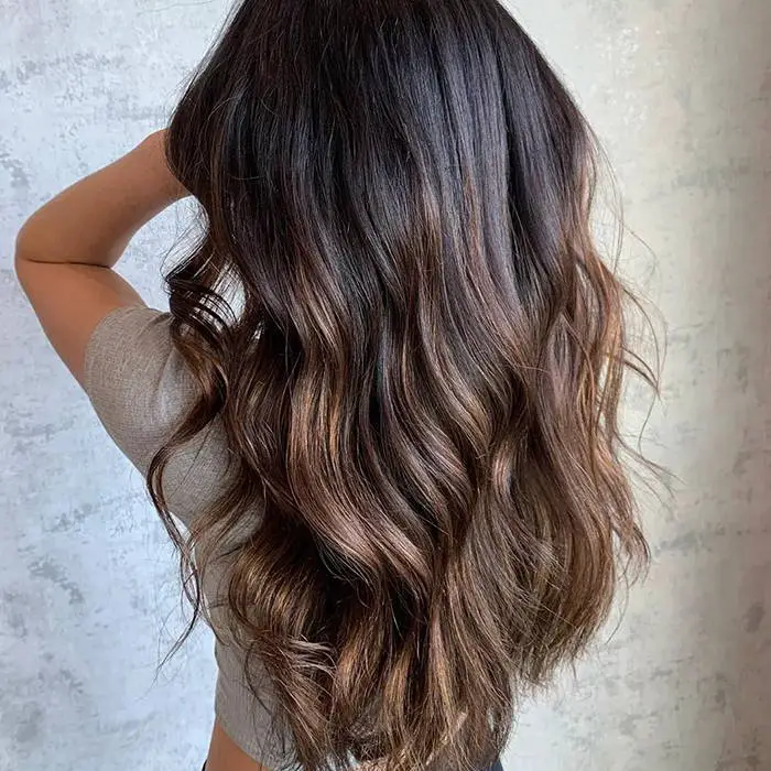 Back View Rich Brunette With Caramel Copper Highlights — Classy Ombre Hair