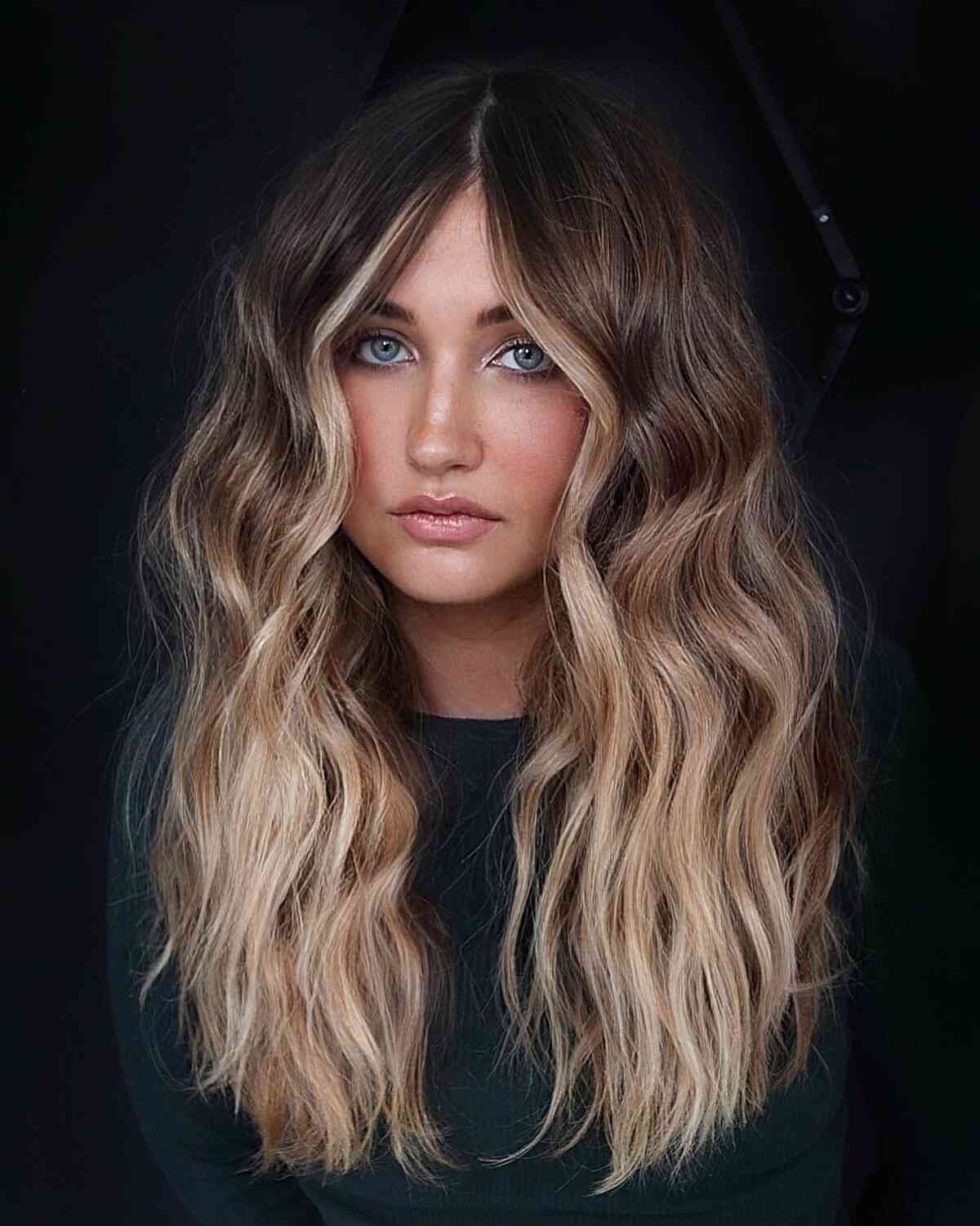 Collarbone Dark Brown To Blonde With Bangs — Classy Ombre Hair Color