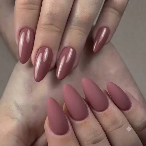 Dusty Rose Matte and Glossy Mix Medium Almond Nails Dusty Rose Matte and Glossy Mix Medium Almond Nails — Classy One Color Nails