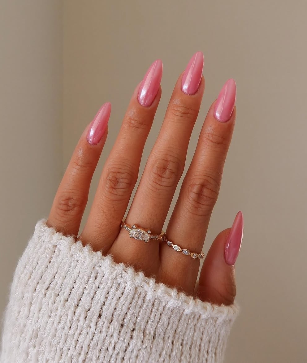 Sheer Bright Pink Shimmer Long Almond Nails Sheer Bright Pink Shimmer Long Almond Nails — Classy One Color Nails