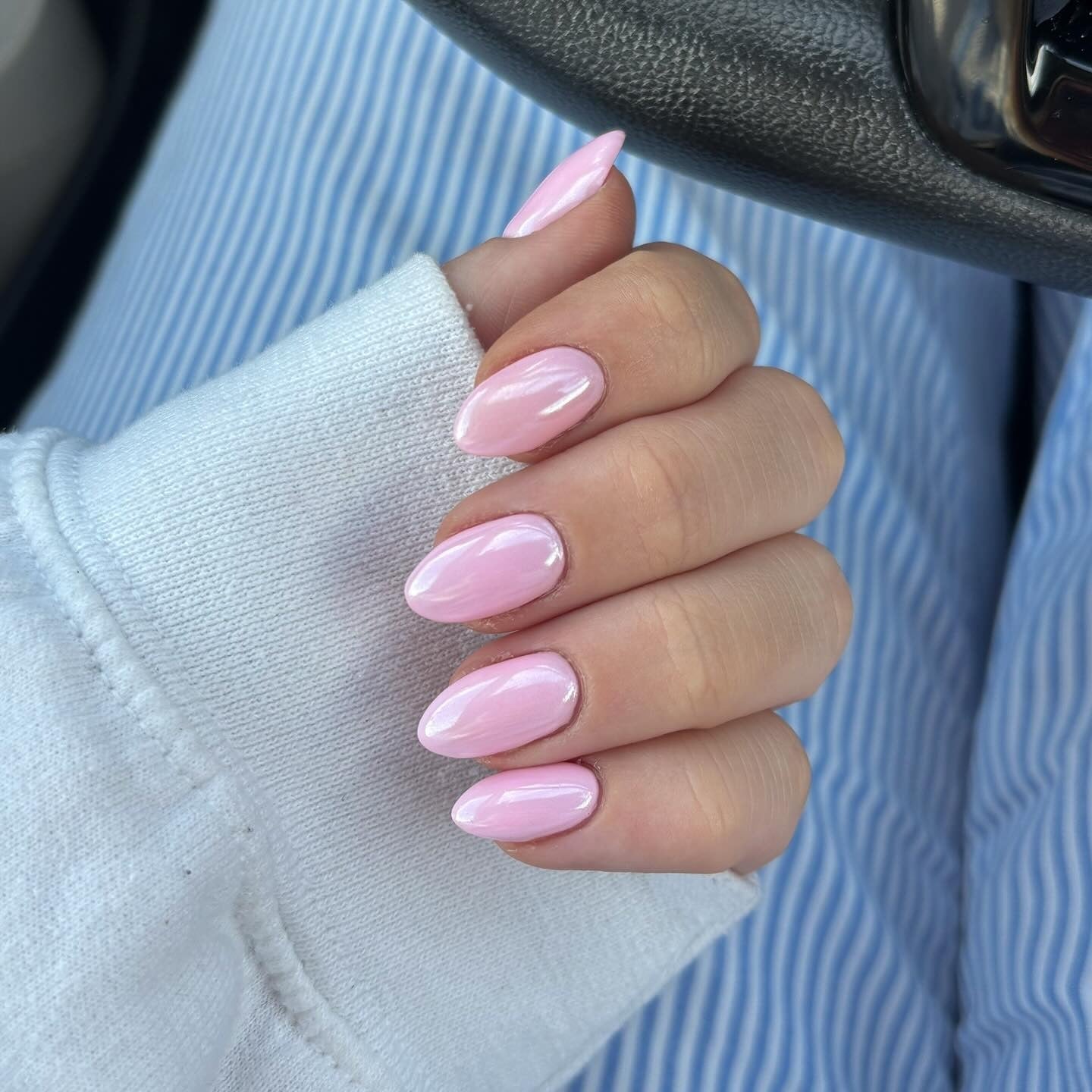 Soft Milky Pink Pearlescent Medium Almond Nails Soft Milky Pink Pearlescent Medium Almond Nails — Classy One Color Nails