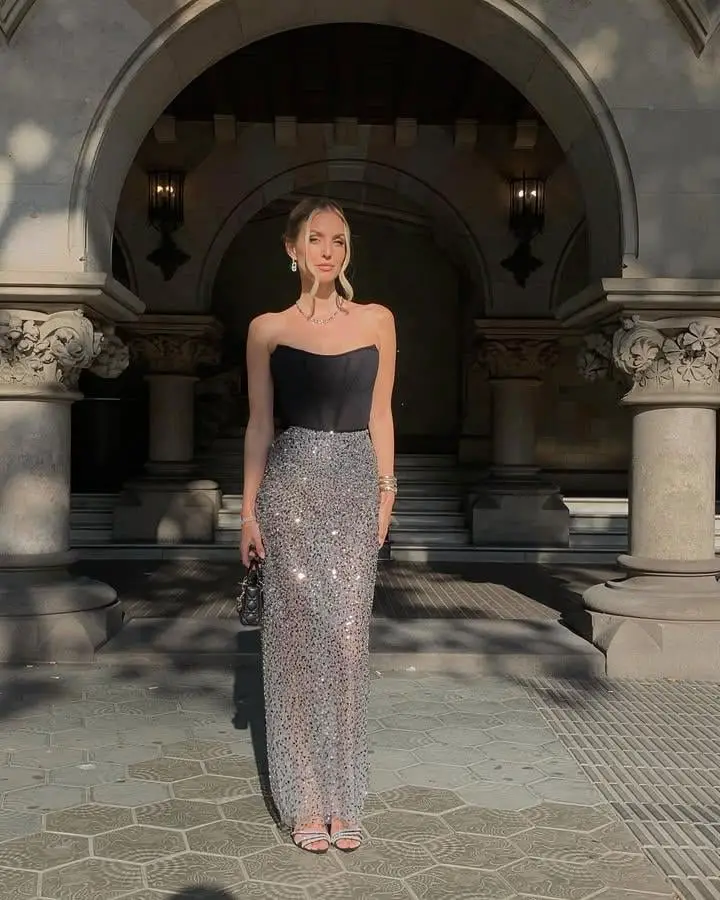 Black Corset Top With Sequined Maxi Skirt — Classy Opera Outfits