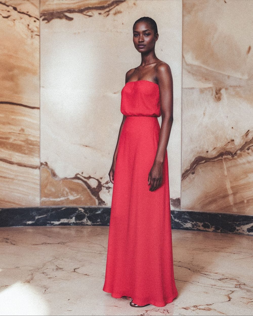 Floor-Length Red Strapless Crepe Gown, Close-Up Take — Classy Opera Outfits