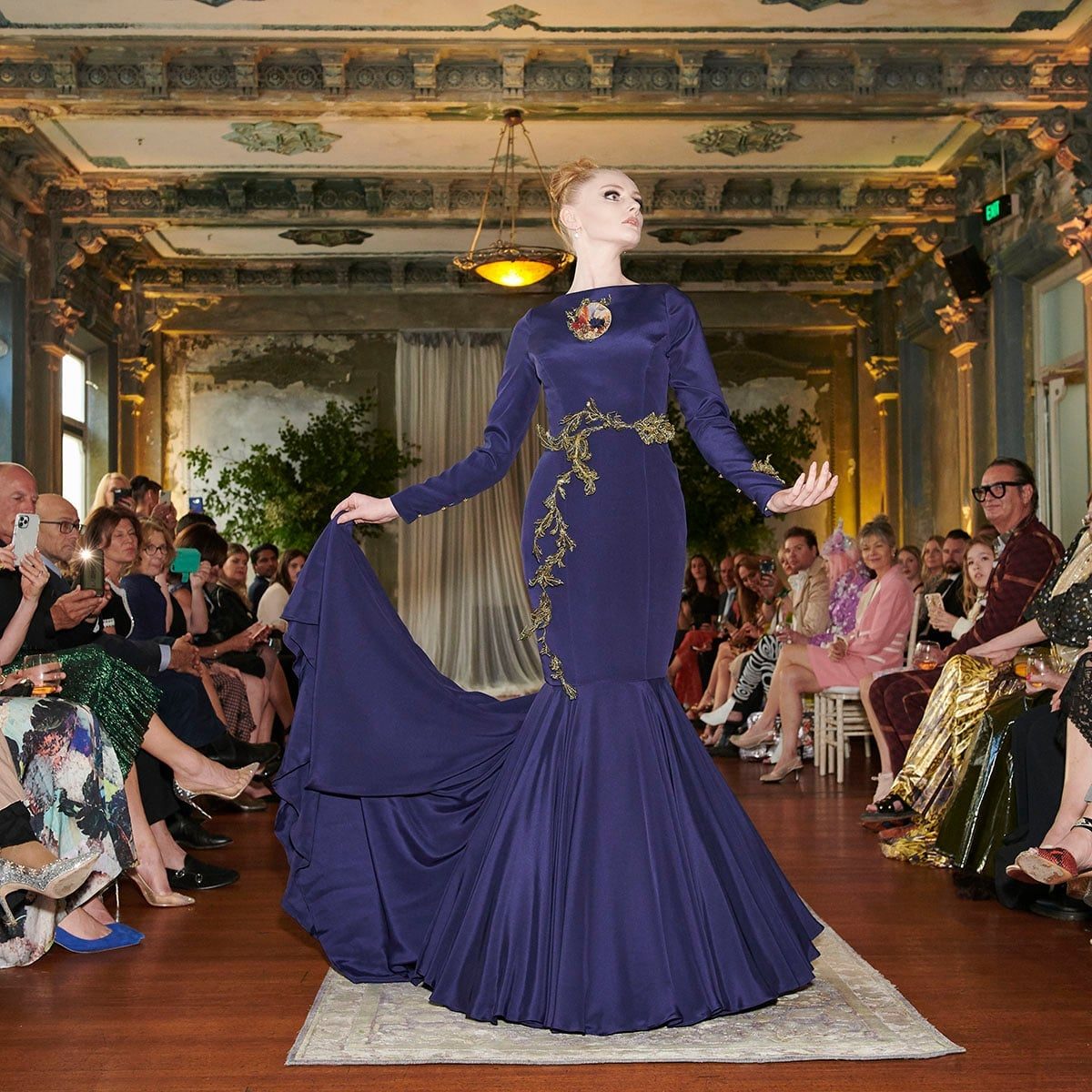 Purple Mermaid Gown With Gold Embellishment, Close-Up Take — Classy Opera Outfits
