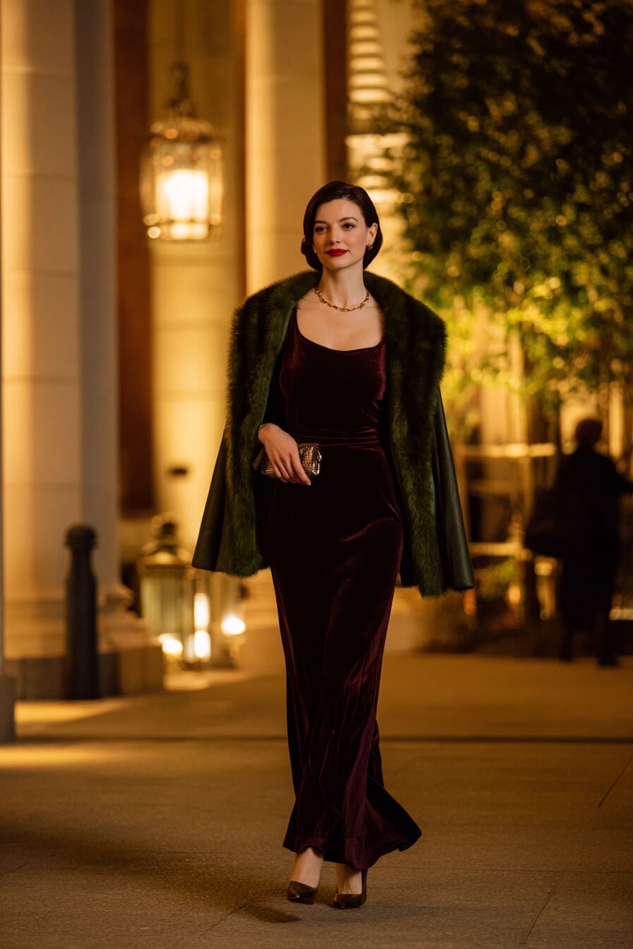 Deep Red Velvet Gown With Faux Fur Coat — Classy Opera Outfits