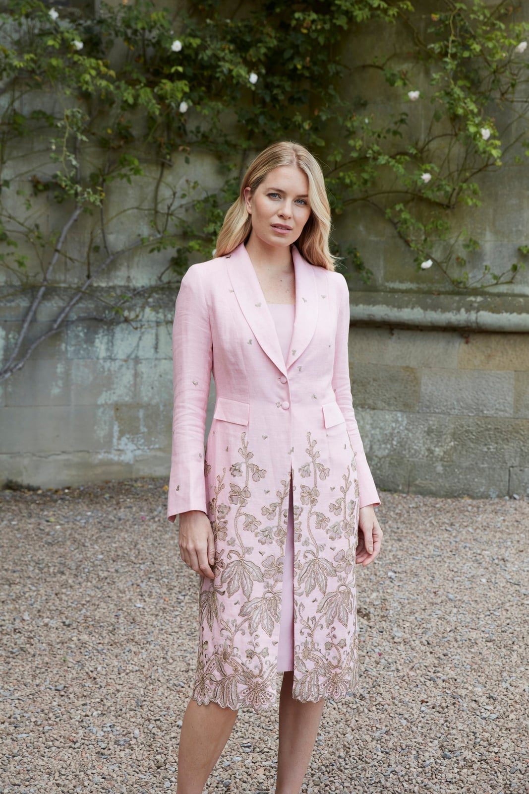 Pale Pink Embroidered Coat Over Sleeveless Dress — Classy Opera Outfits