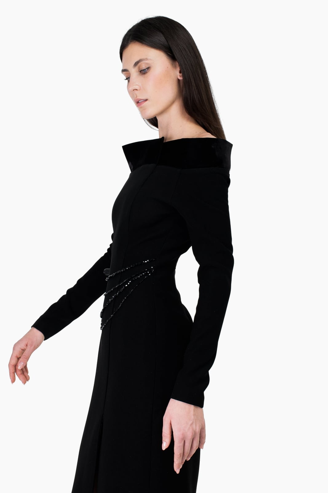Black Off-The-Shoulder Dress With Velvet Trim — Classy Opera Outfits