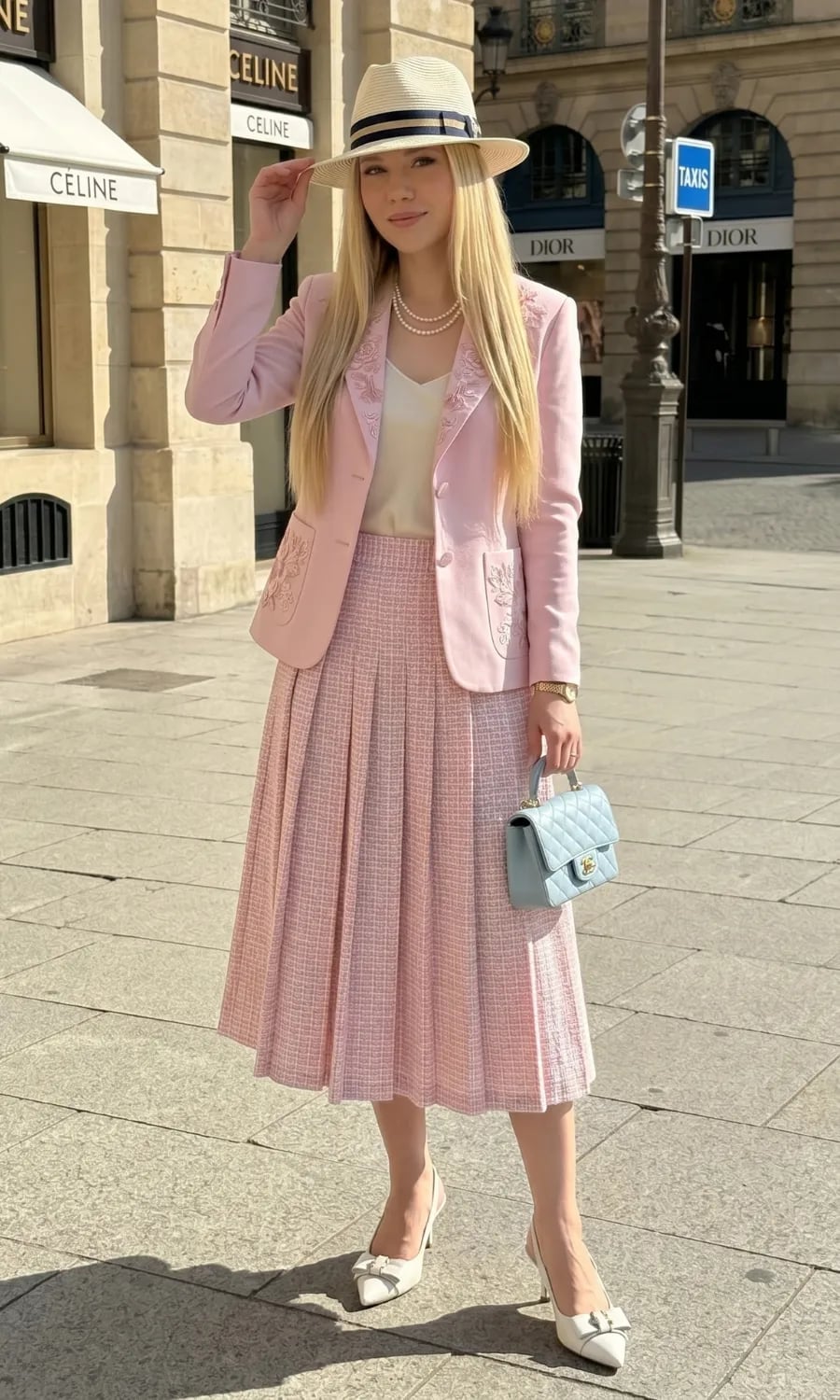 Pink Tweed Embroidered Blazer With Midi Skirt — Classy Opera Outfits