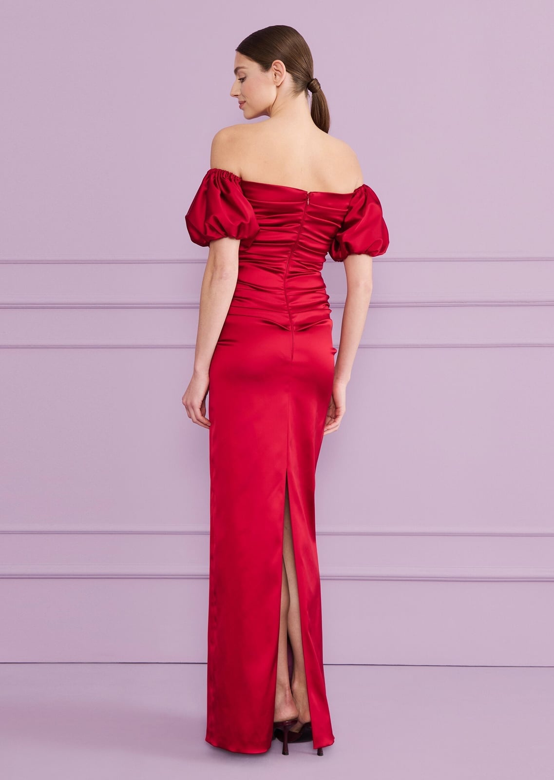 Red Satin Off-The-Shoulder Gown With Puff Sleeves — Classy Opera Outfits