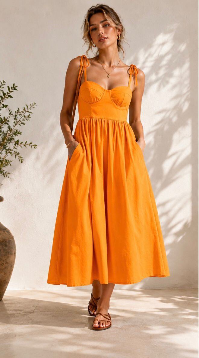 Classy Orange Cotton Sundress with Tie Straps Classy Orange Cotton Sundress with Tie Straps — Classy Orange Outfits