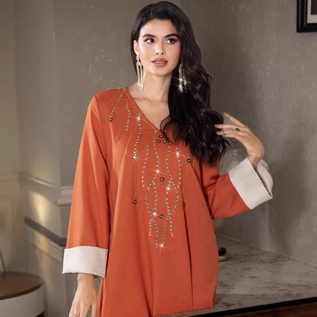 Orange V-neck Dress with Embellished Neckline and Long Drop Earrings Orange V-neck Dress with Embellished Neckline and Long Drop Earrings — Classy Orange Outfits