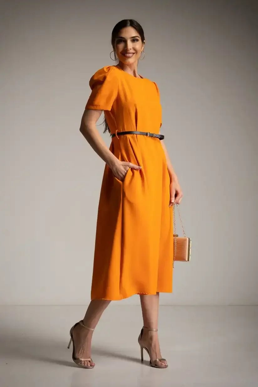 Orange Midi Dress with Puff Sleeves and Nude Pointed Heels Orange Midi Dress with Puff Sleeves and Nude Pointed Heels — Classy Orange Outfits