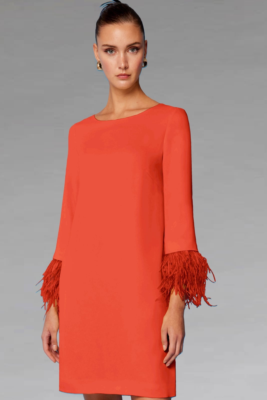 Bright Orange Shift Dress with Feather Trim Bright Orange Shift Dress with Feather Trim — Classy Orange Outfits