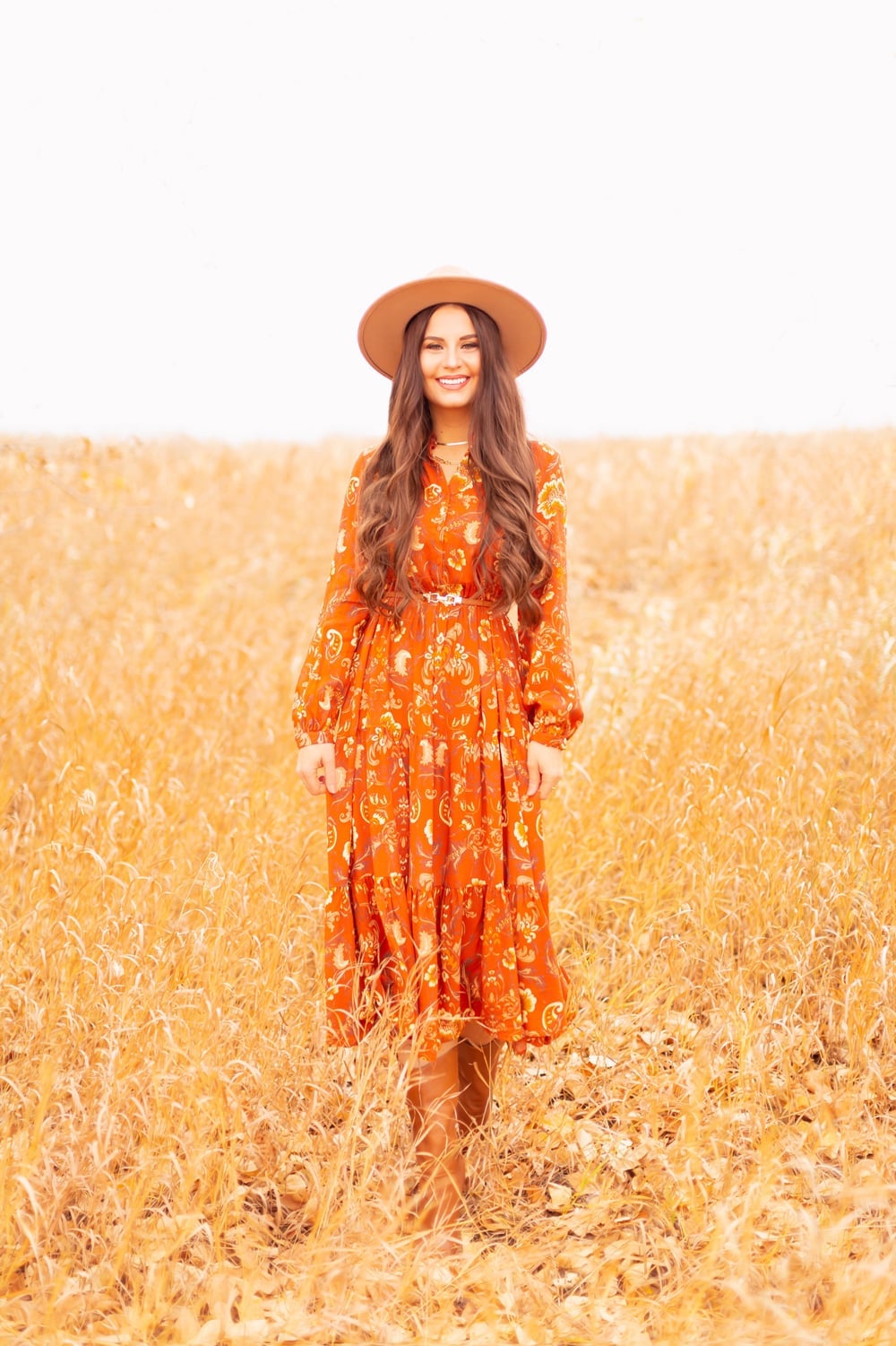 Orange Floral Print Midi Dress with Cardigan Orange Floral Print Midi Dress with Cardigan — Classy Orange Outfits