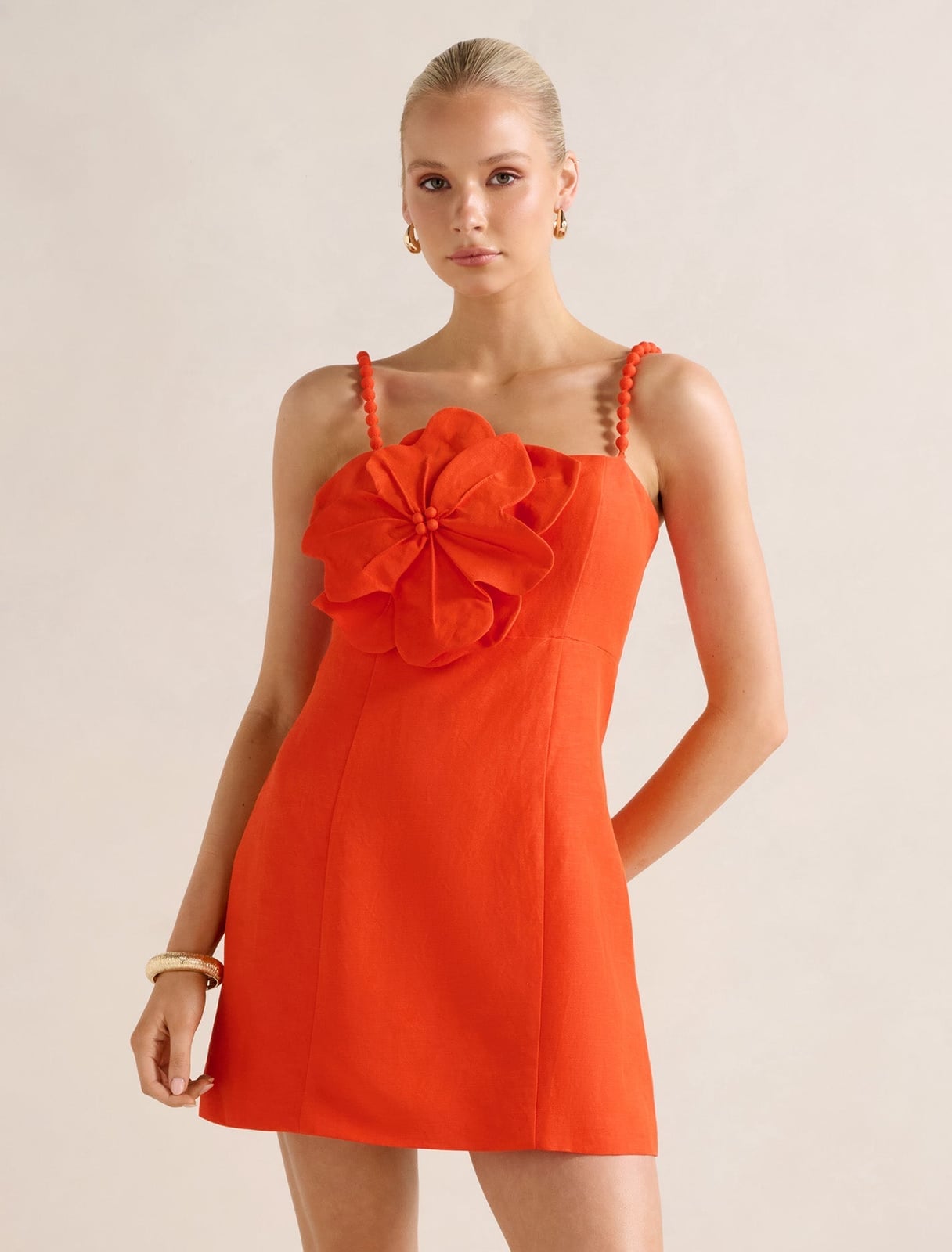 Bright Orange Linen Mini Dress with Applique Bright Orange Linen Mini Dress with Applique — Classy Orange Outfits