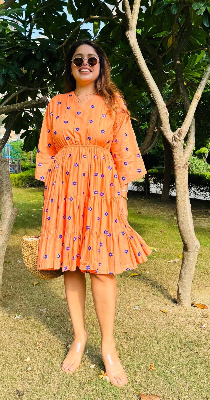 Peach Orange Tiered Dress with Blue Star Print Peach Orange Tiered Dress with Blue Star Print — Classy Orange Outfits