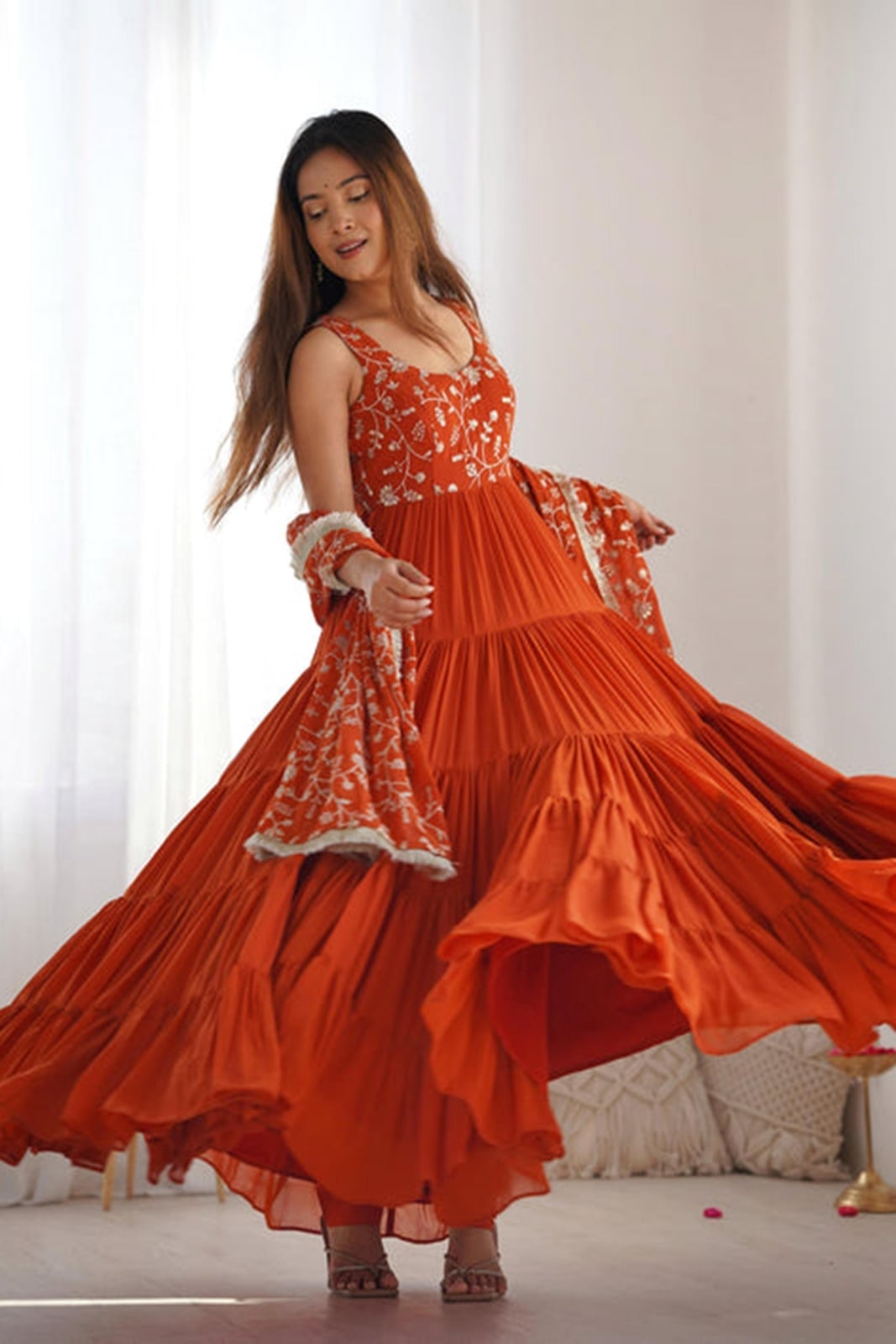 Burnt Orange Tiered Anarkali Dress Burnt Orange Tiered Anarkali Dress — Classy Orange Outfits
