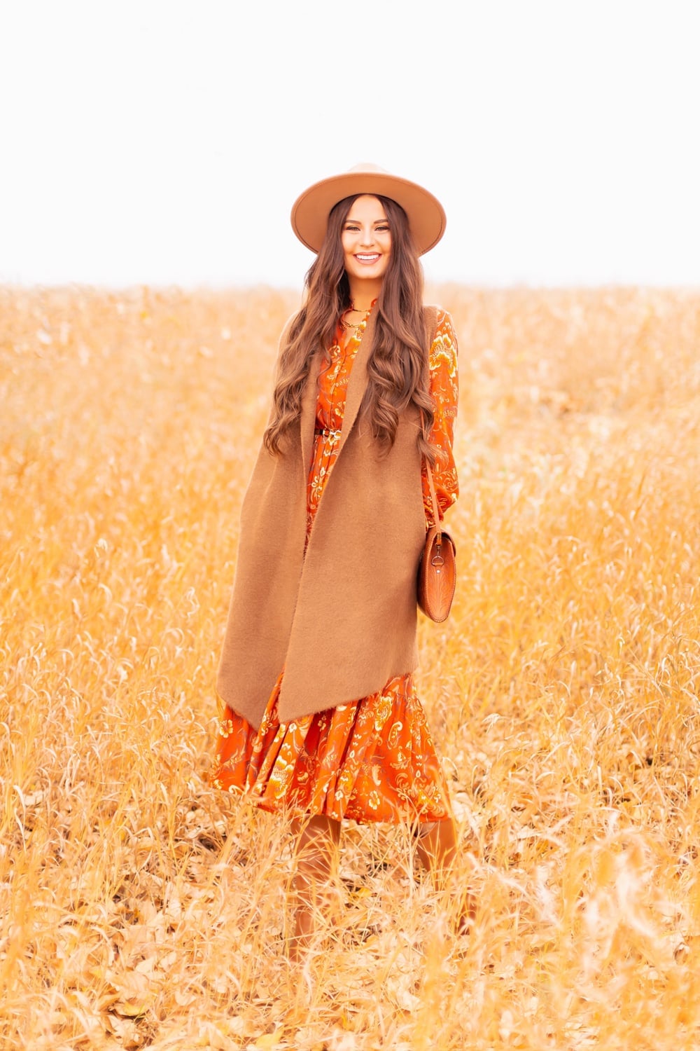 Orange Printed Maxi Dress with Brown Vest Orange Printed Maxi Dress with Brown Vest — Classy Orange Outfits