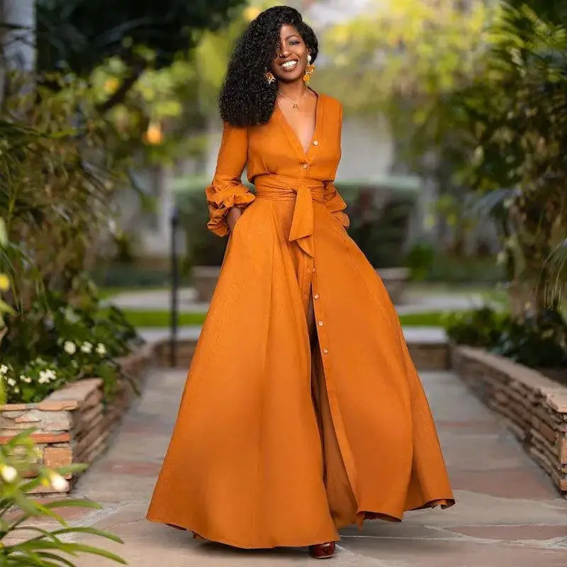 Deep Orange Maxi Dress with Ruffled Cuffs Deep Orange Maxi Dress with Ruffled Cuffs — Classy Orange Outfits
