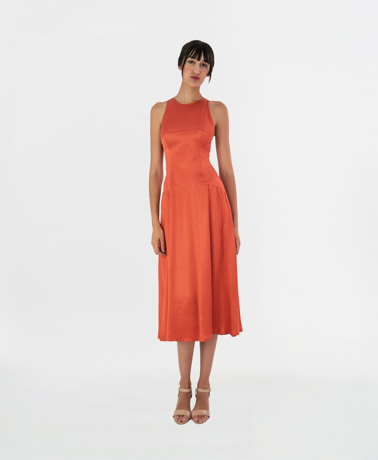 Burnt Orange Satin-Like A-line Midi Dress Burnt Orange Satin-Like A-line Midi Dress — Classy Orange Outfits