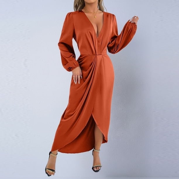 Rust Orange Satin Wrap Dress with Balloon Sleeves Rust Orange Satin Wrap Dress with Balloon Sleeves — Classy Orange Outfits