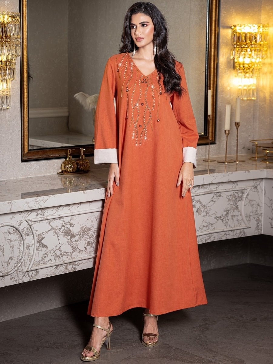 Burnt Orange Embellished Abaya Dress Burnt Orange Embellished Abaya Dress — Classy Orange Outfits
