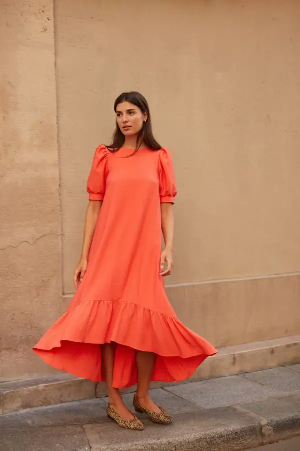 Bright Orange Midi Dress with Puff Sleeves Bright Orange Midi Dress with Puff Sleeves — Classy Orange Outfits