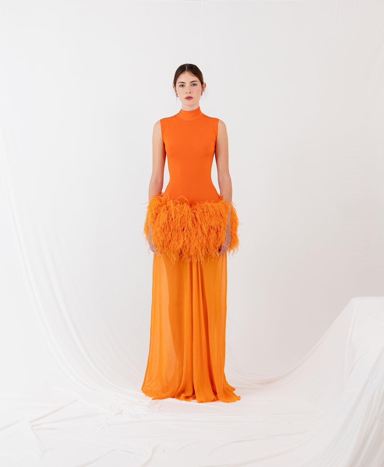 Orange Dress with Feather Trim at Waist Orange Dress with Feather Trim at Waist — Classy Orange Outfits