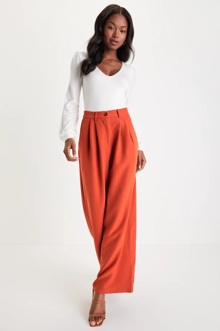 Rust Orange Pleated Wide Leg Trousers with White Top — Classy Orange Pants Outfits