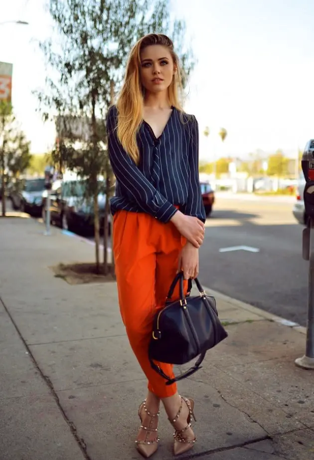 Bright Orange Straight Leg Trousers with Striped Shirt — Classy Orange Pants Outfits