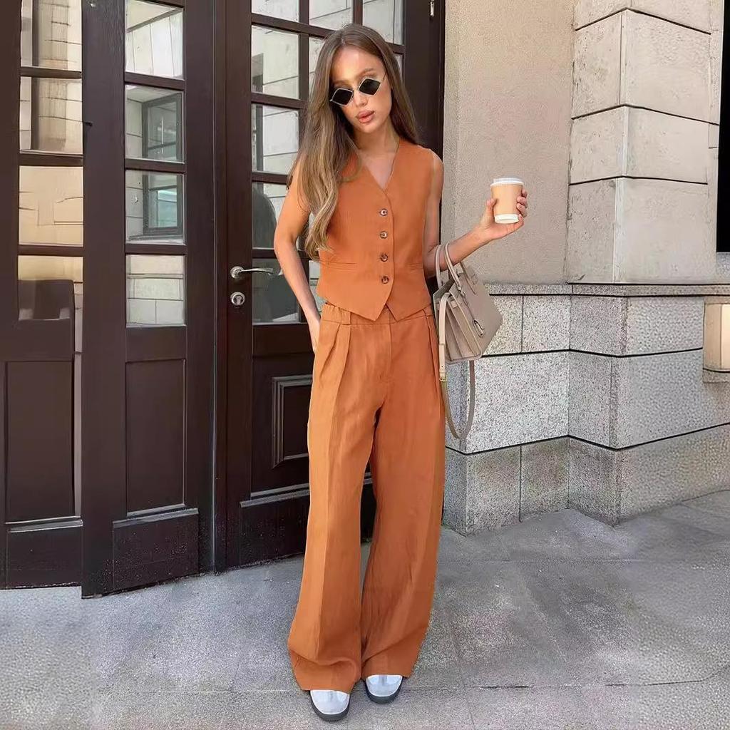 Burnt Orange Linen Vest and Trousers with Silver Loafers — Classy Orange Pants Outfits